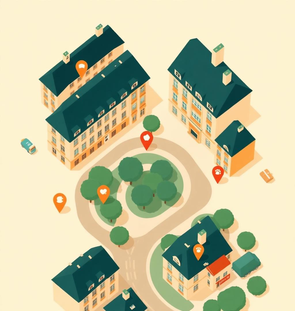 Carte illustrée d'un quartier avec des épingles de services